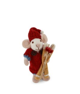 Day and Age Small White Girly Mouse with Red Dress & Skis